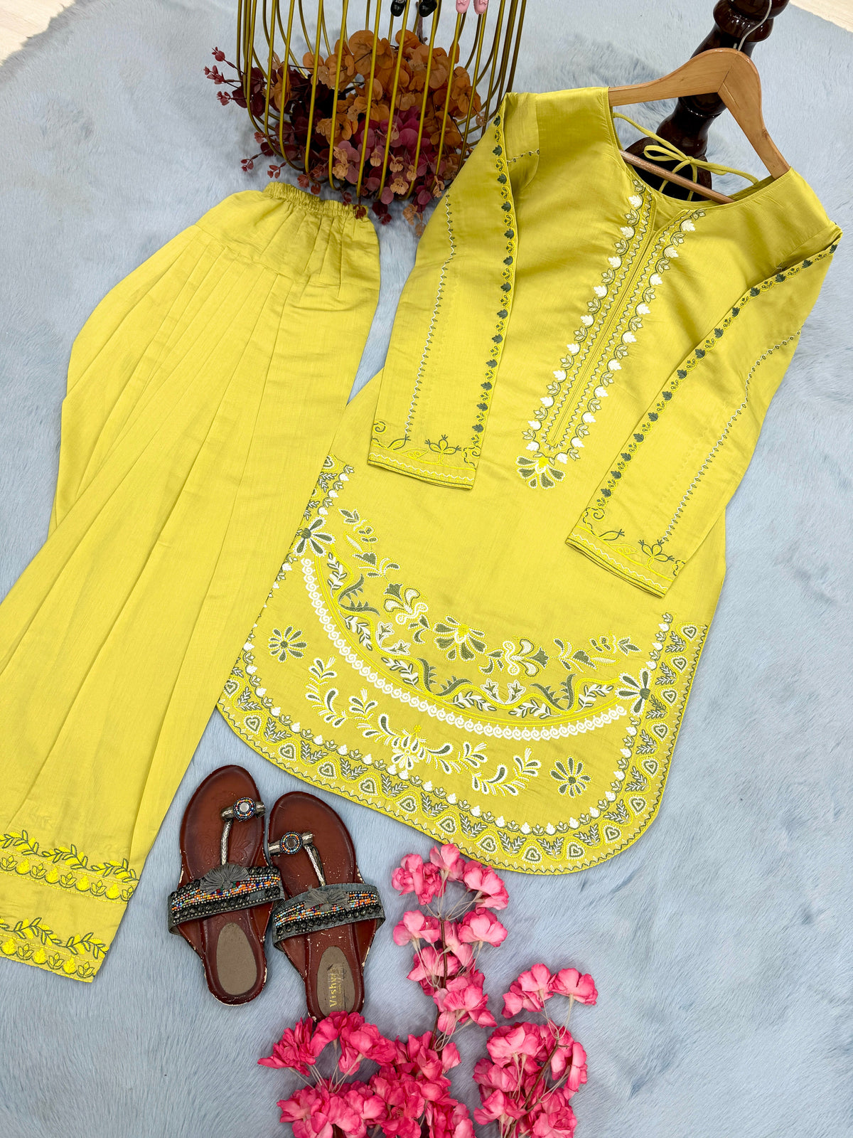 Lime Yellow Roman Silk Kurti Palazzo Set