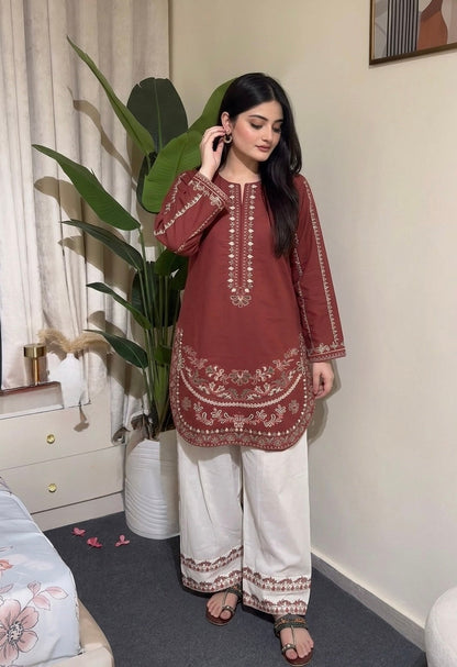 Rust Roman Silk Kurti Palazzo Set
