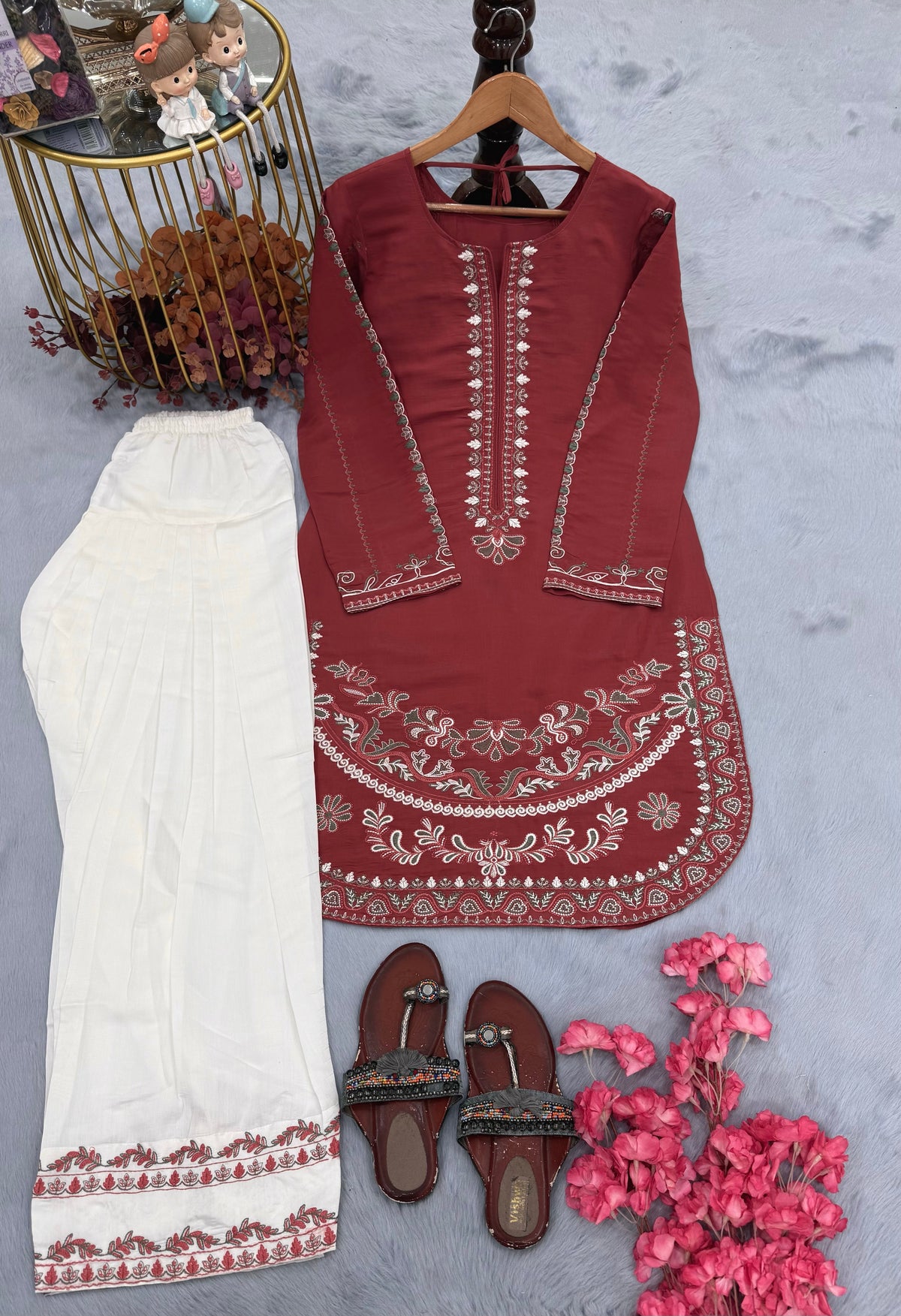 Rust Roman Silk Kurti Palazzo Set