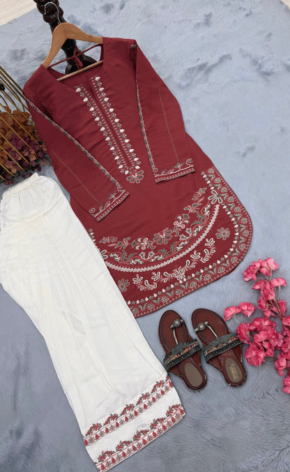 Rust Roman Silk Kurti Palazzo Set