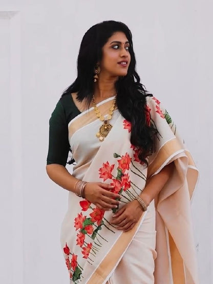 Off-White Linen Lotus Print Saree with Cutwork Border