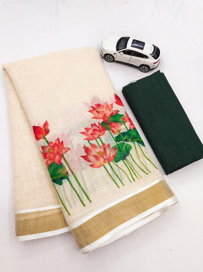 Off-White Linen Lotus Print Saree with Cutwork Border