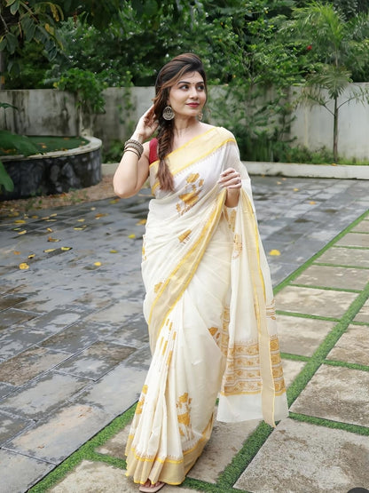 Off-White and Gold Kerala Linen Saree
