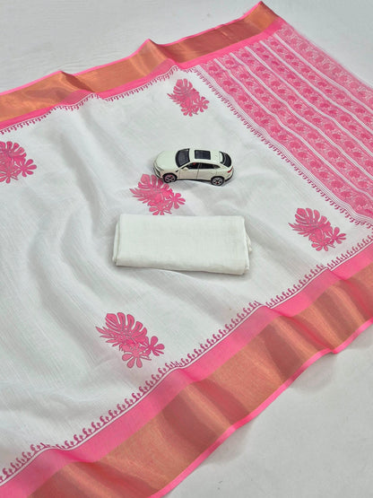 Off-White and Pink Kerala Linen Saree