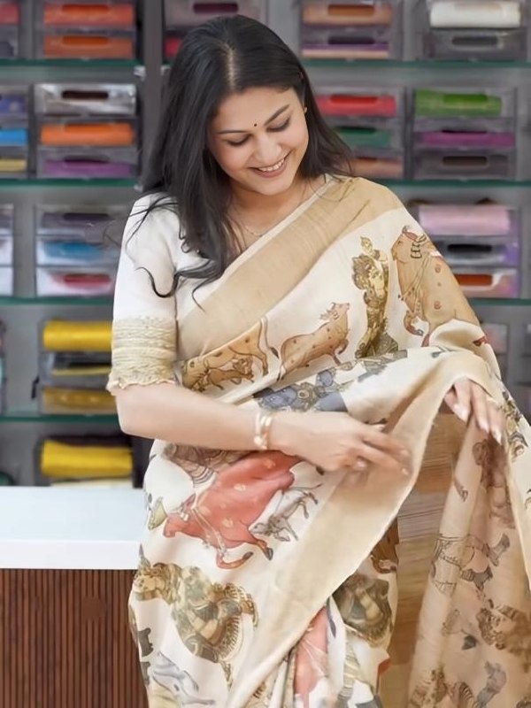 Off-White Kerala Linen Pichwai Print Saree