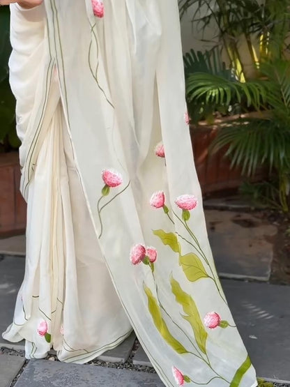 Off-White Kerala Linen Lotus Print Saree