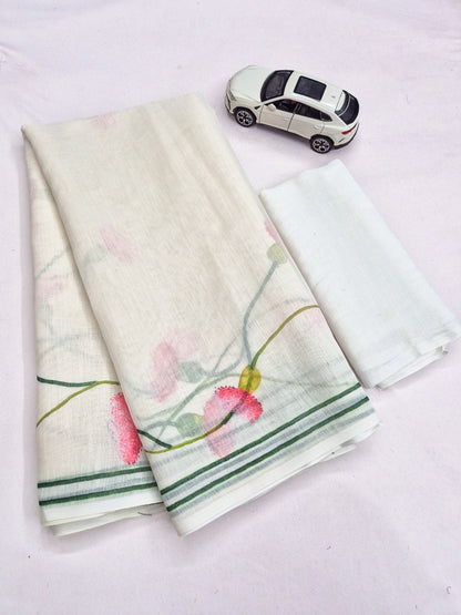 Off-White Kerala Linen Lotus Print Saree