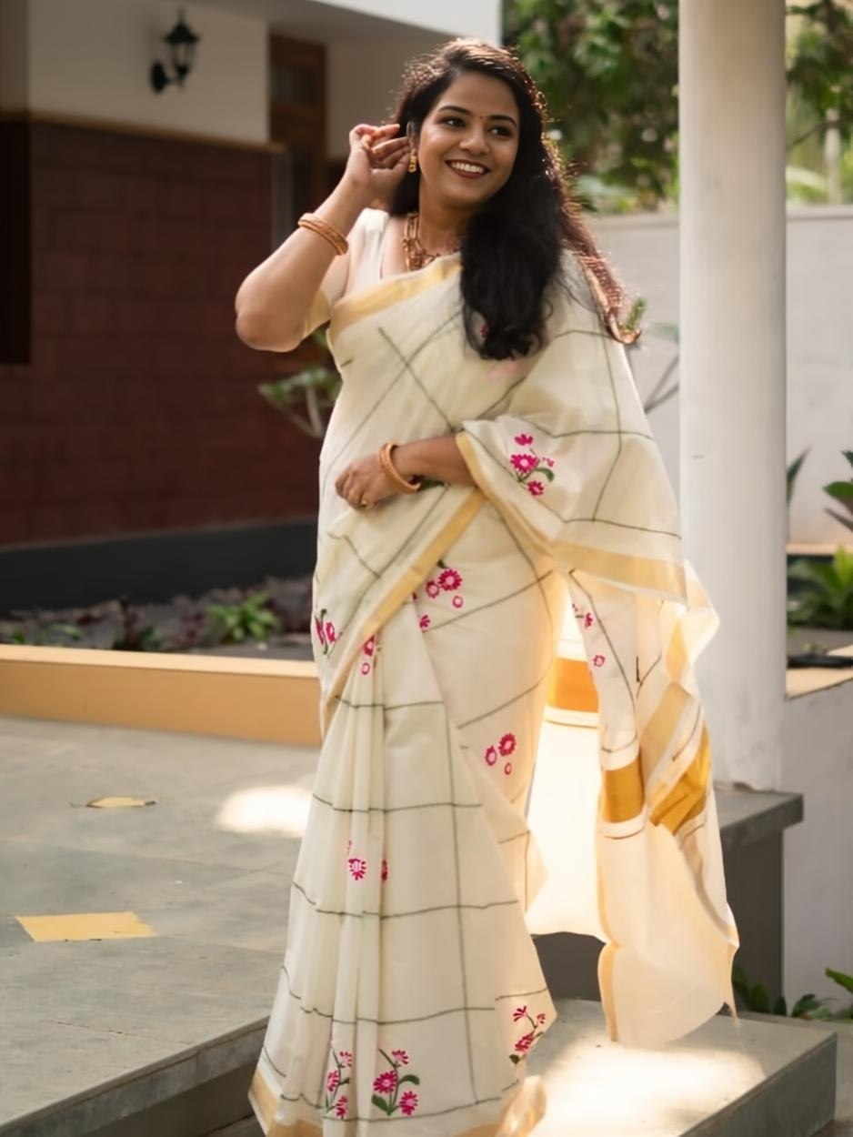 Off-White Linen Floral Checks Saree with Zari Border