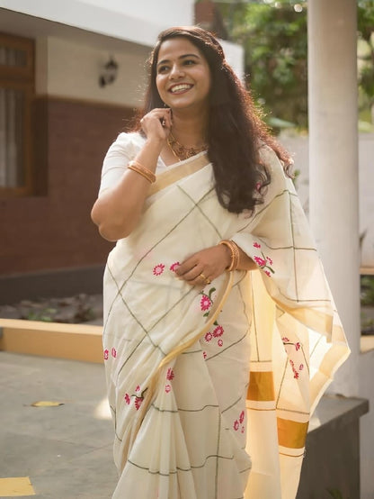 Off-White Linen Floral Checks Saree with Zari Border