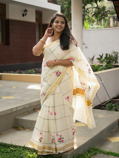 Off-White Linen Floral Checks Saree with Zari Border