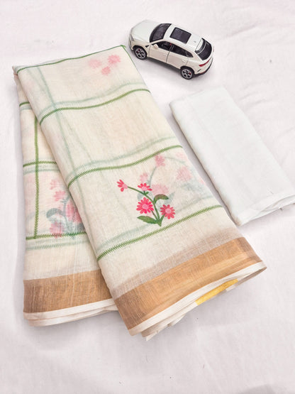 Off-White Linen Floral Checks Saree with Zari Border