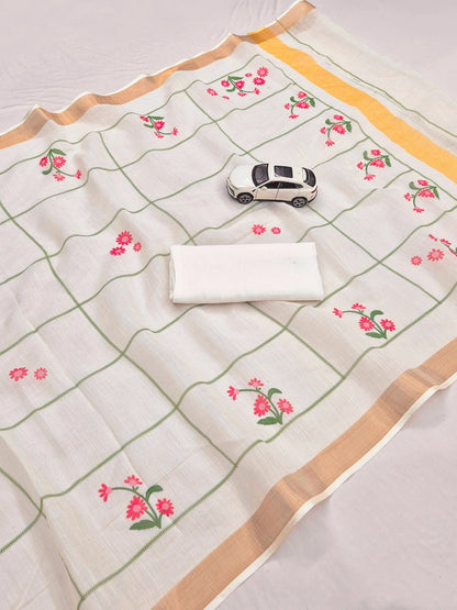 Off-White Linen Floral Checks Saree with Zari Border