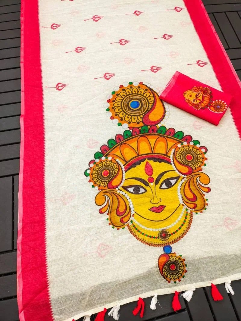 Off-White and Red Linen Durga Print Saree