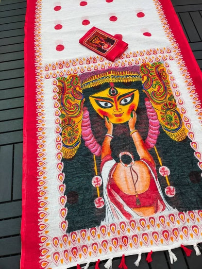 Off-White and Red Linen Durga Print Saree