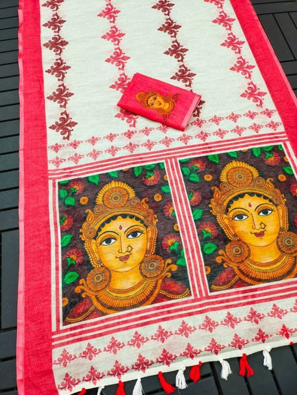 Off-White and Red Linen Durga Print Saree