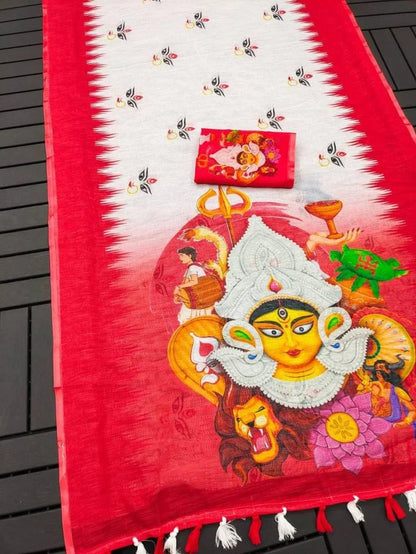 Off-White and Red Linen Durga Print Saree