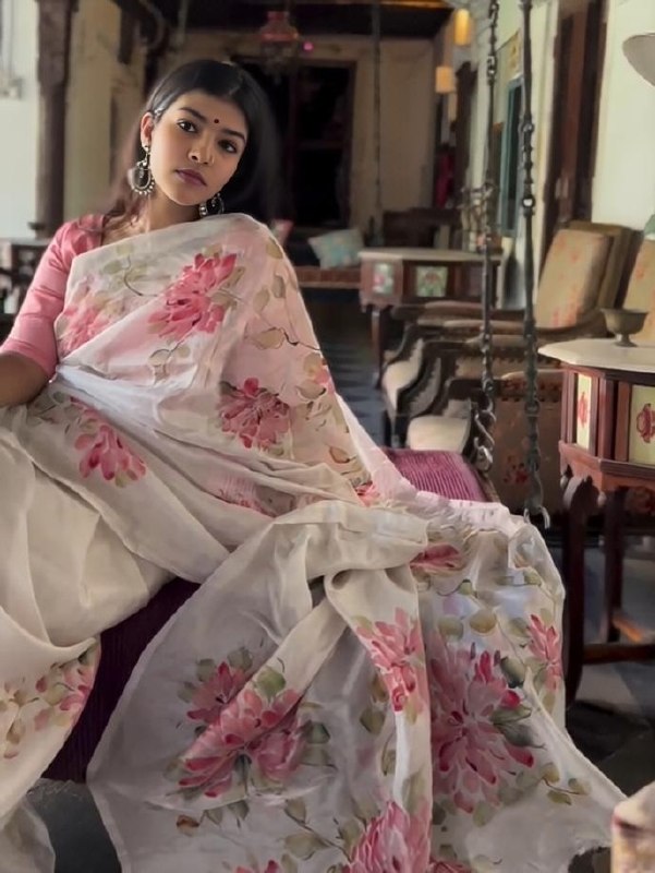 Off-White and Pink Linen Floral Saree with Zari Border