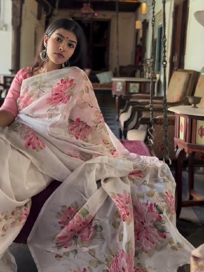 Off-White and Pink Linen Floral Saree with Zari Border