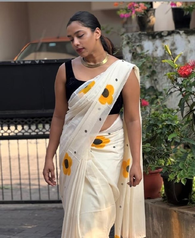 Off-White and Yellow Linen Floral Saree with Zari Border