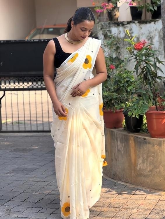Off-White and Yellow Linen Floral Saree with Zari Border
