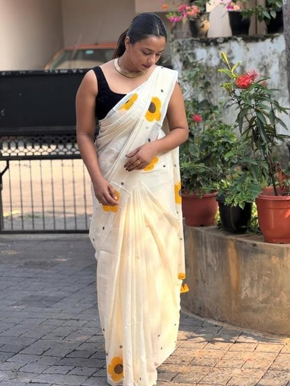 Off-White and Yellow Linen Floral Saree with Zari Border