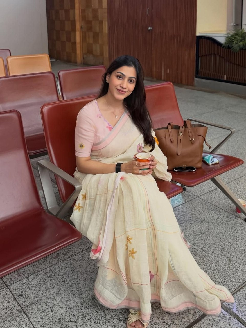 Off-White and Peach Linen Floral Saree with Zari Border
