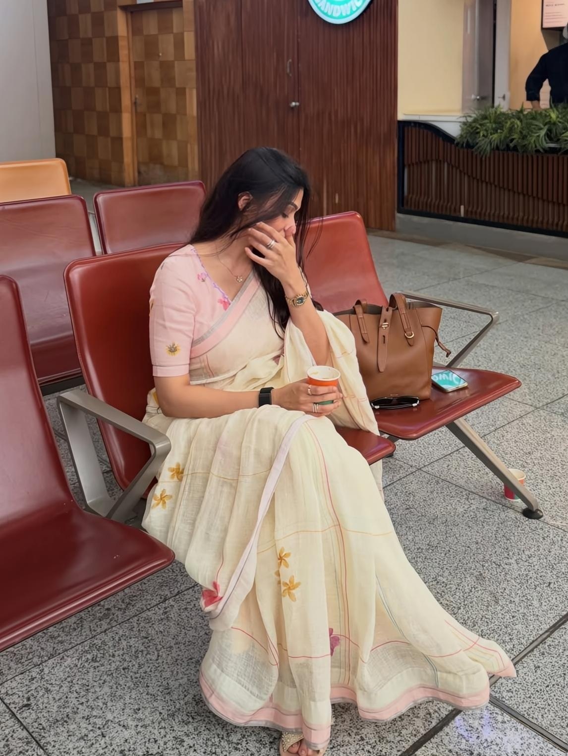 Off-White and Peach Linen Floral Saree with Zari Border