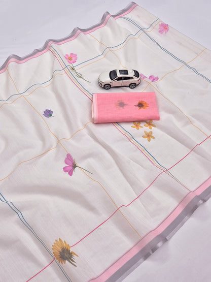 Off-White and Peach Linen Floral Saree with Zari Border