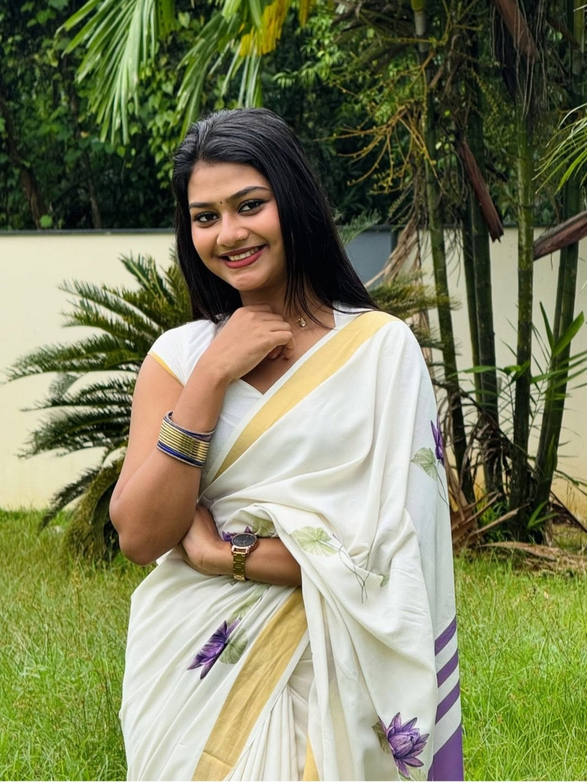 Off-White and Purple Linen Lotus Saree with Zari Border