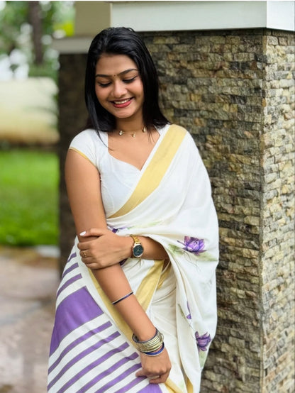 Off-White and Purple Linen Lotus Saree with Zari Border