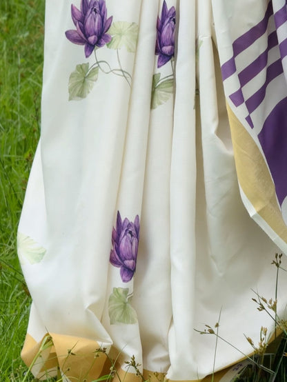 Off-White and Purple Linen Lotus Saree with Zari Border