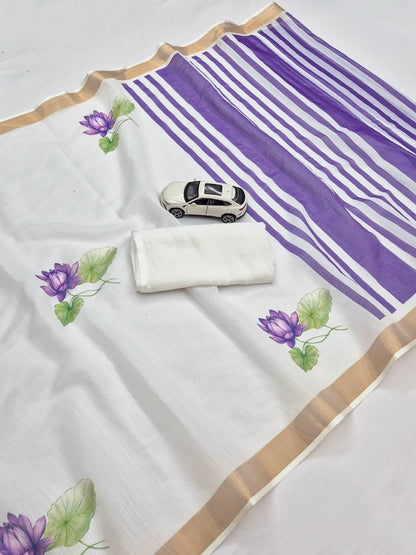 Off-White and Purple Linen Lotus Saree with Zari Border