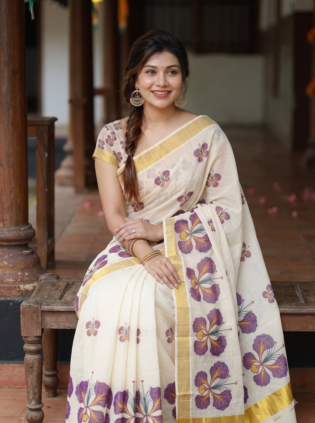 Purple Linen Floral Print Saree with Zari Border