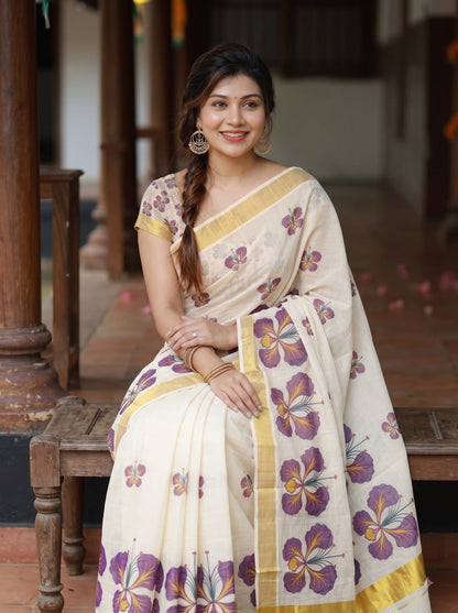 Purple Linen Floral Print Saree with Zari Border