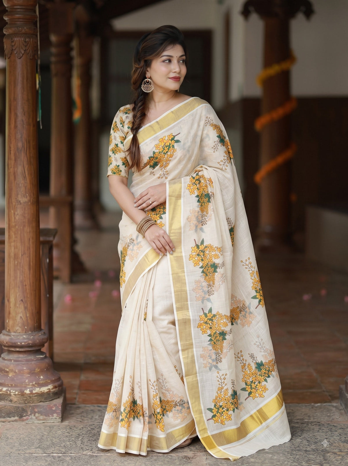 Yellow Linen Floral Print Saree with Zari Border