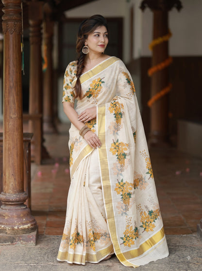 Yellow Linen Floral Print Saree with Zari Border