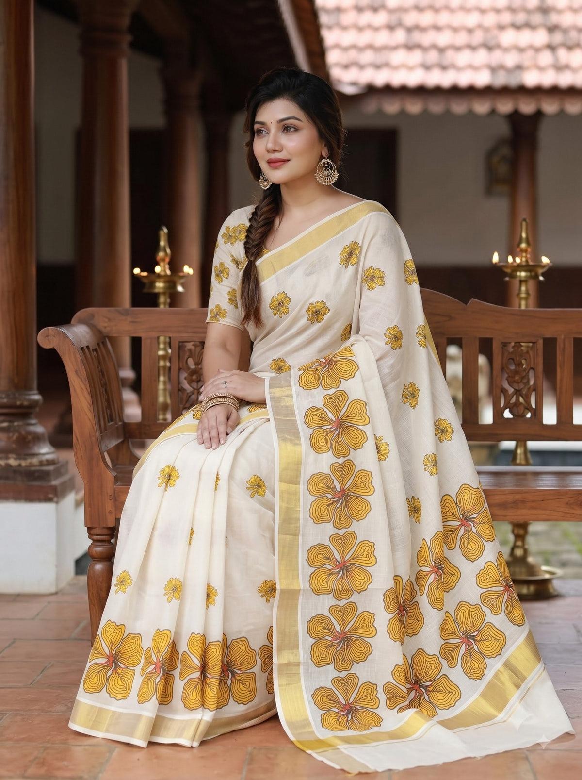 Mustard Linen Floral Print Saree with Zari Border