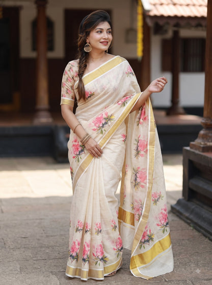 Baby Pink Linen Floral Print Saree with Zari Border