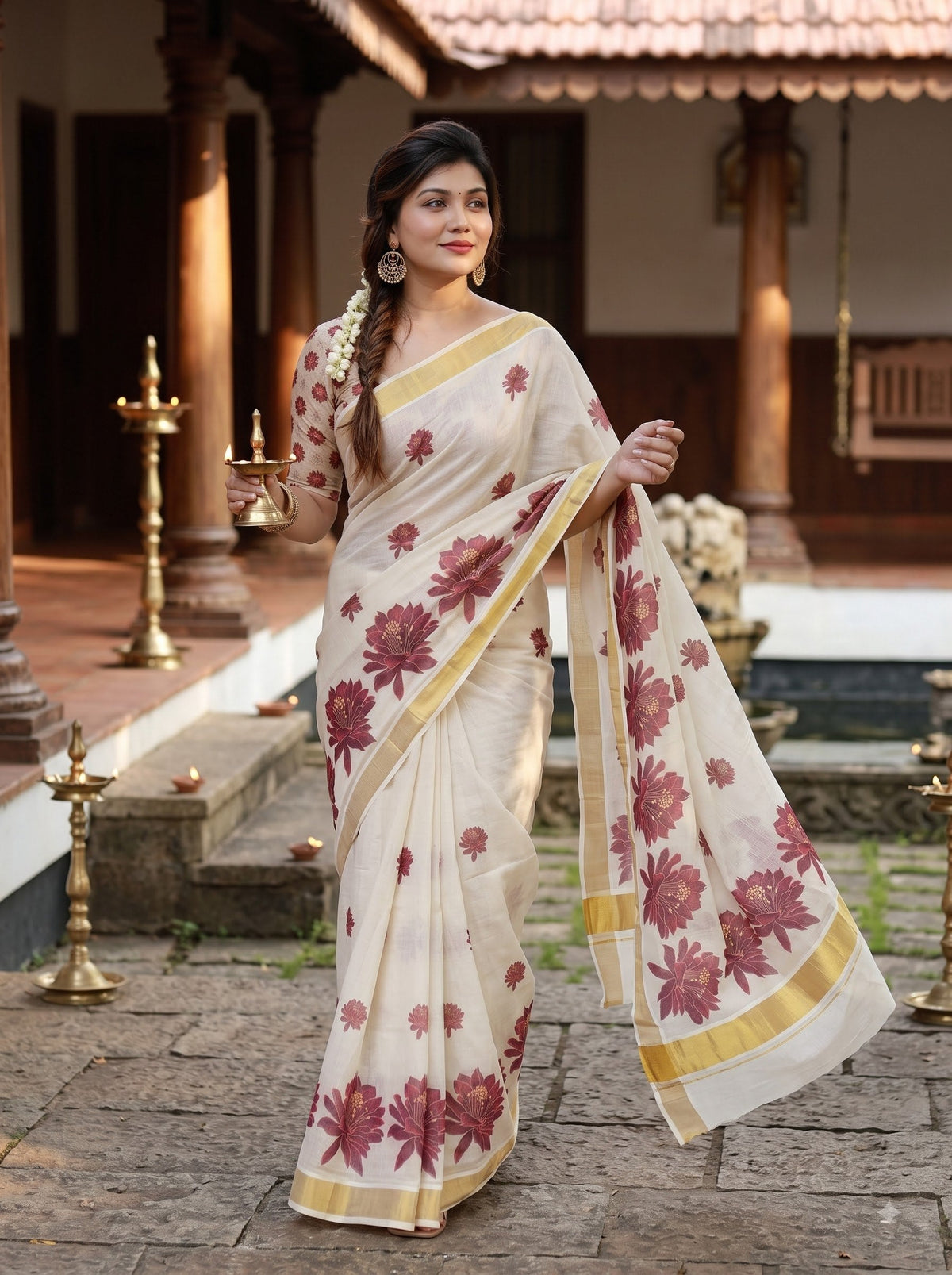 Maroon Linen Floral Print Saree with Zari Border