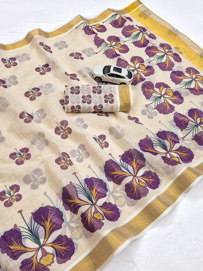 Purple Linen Floral Print Saree with Zari Border