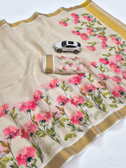 Pink Linen Floral Print Saree with Zari Border