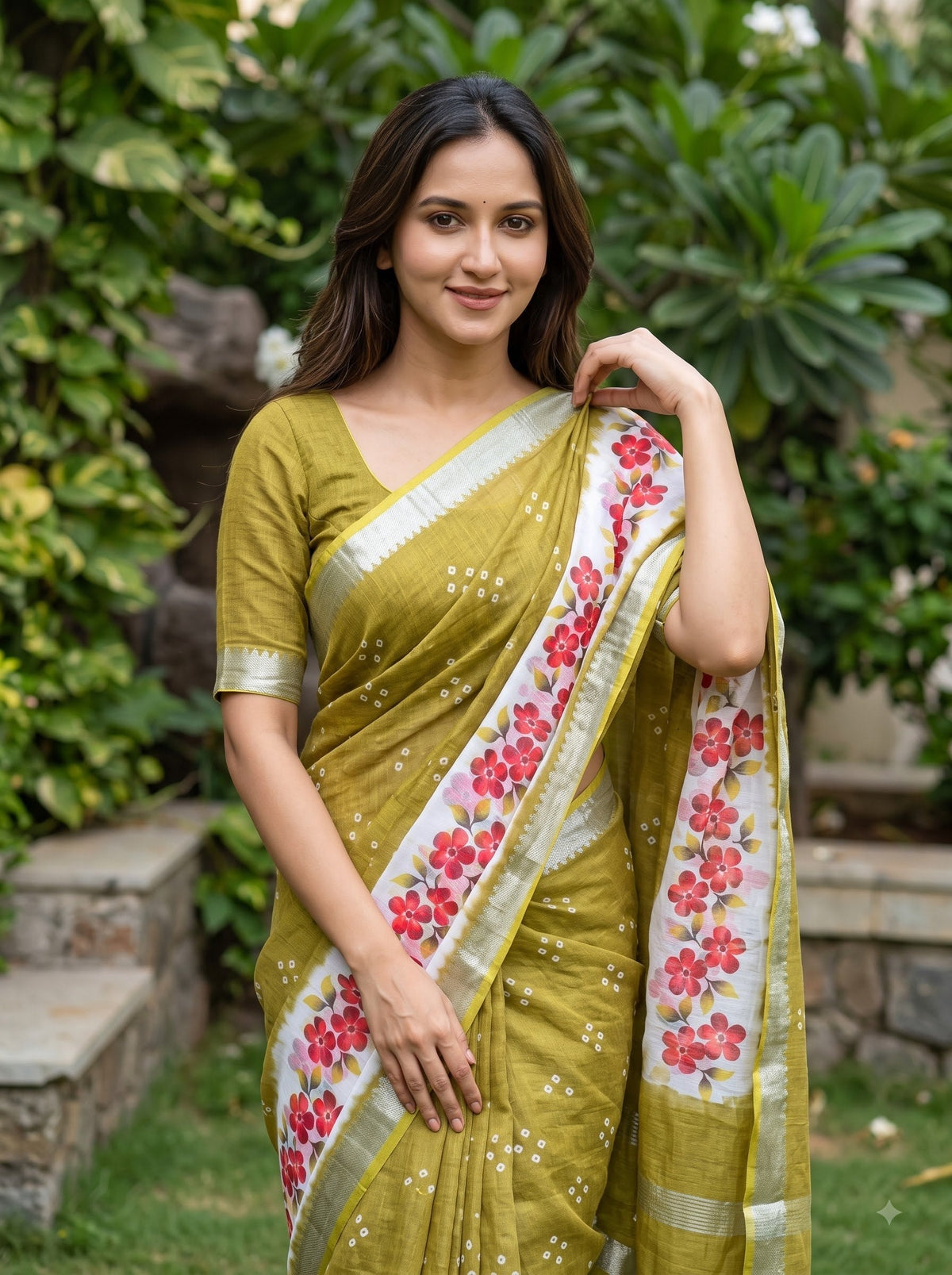 Olive Linen Floral Border Saree