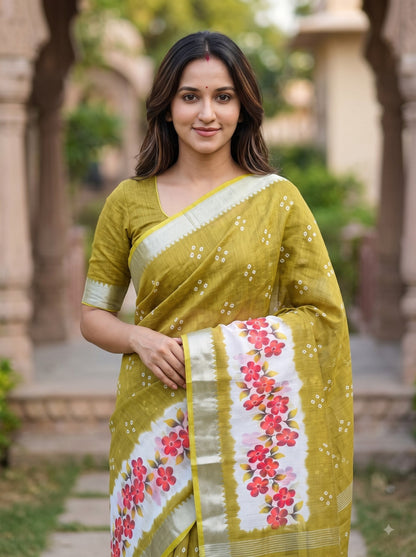 Olive Linen Floral Border Saree