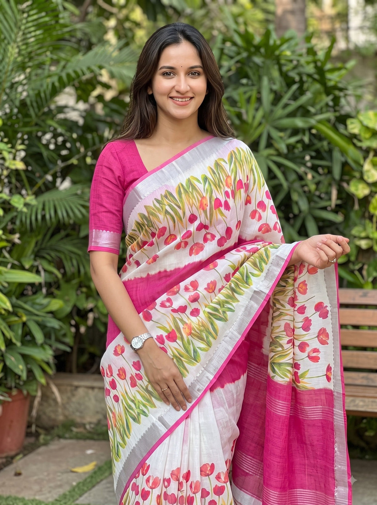Pink Linen Tulip Print Saree
