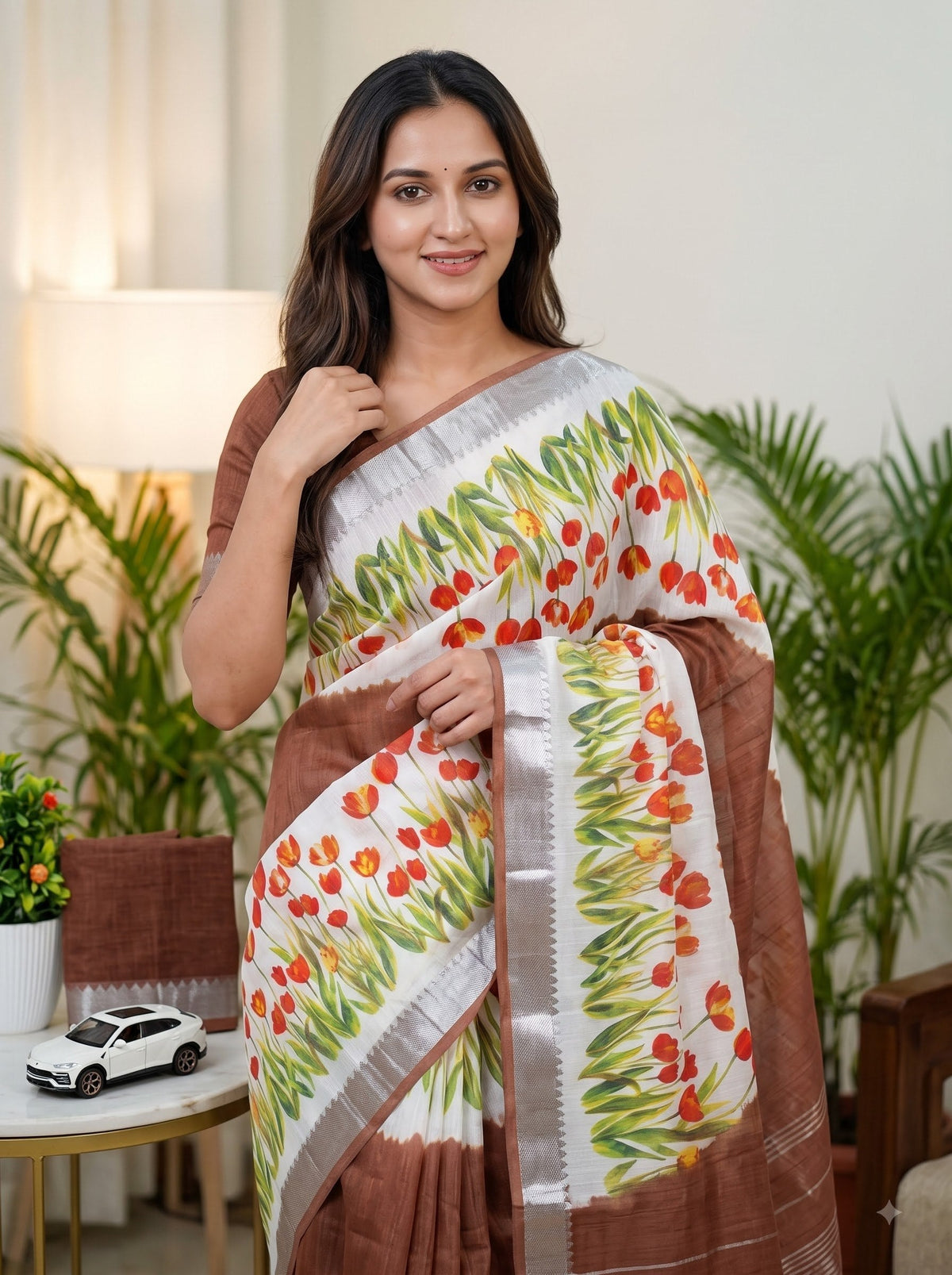 Brown Linen Tulip Print Saree