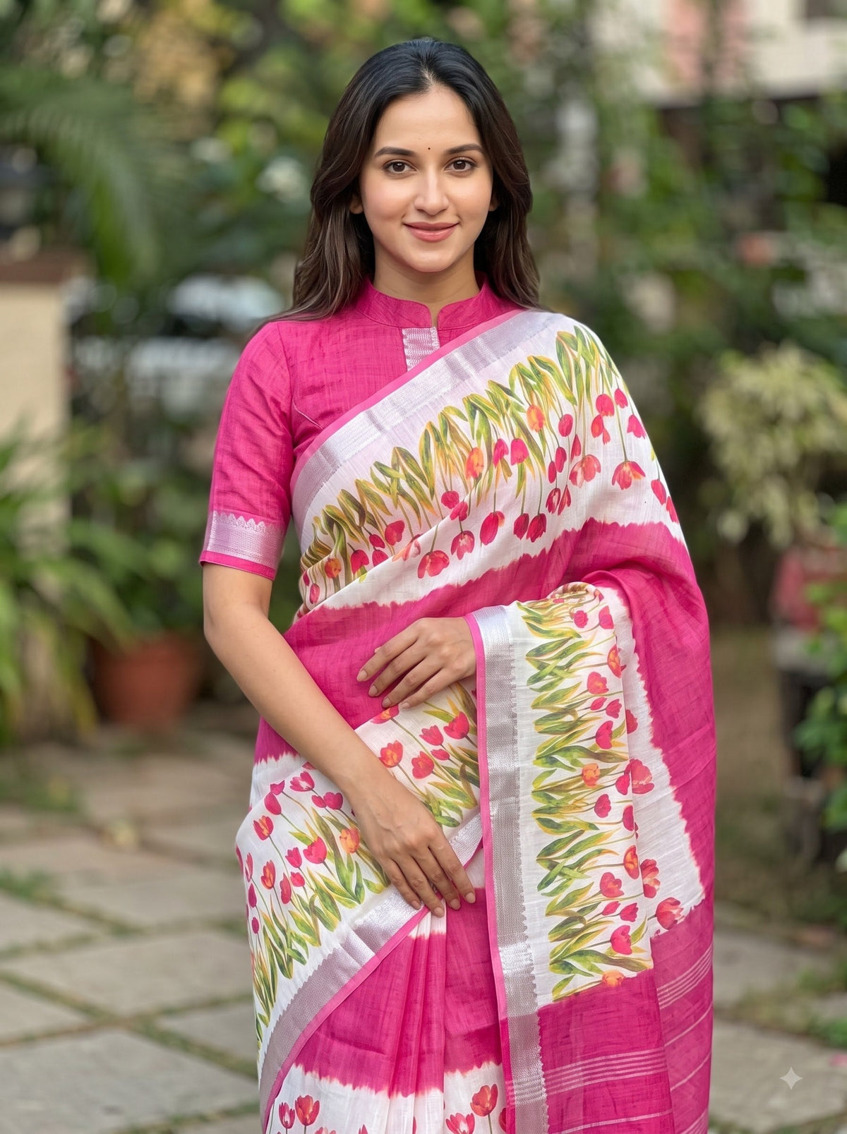 Pink Linen Tulip Print Saree