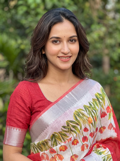 Red Linen Tulip Print Saree