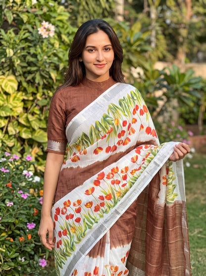 Brown Linen Tulip Print Saree