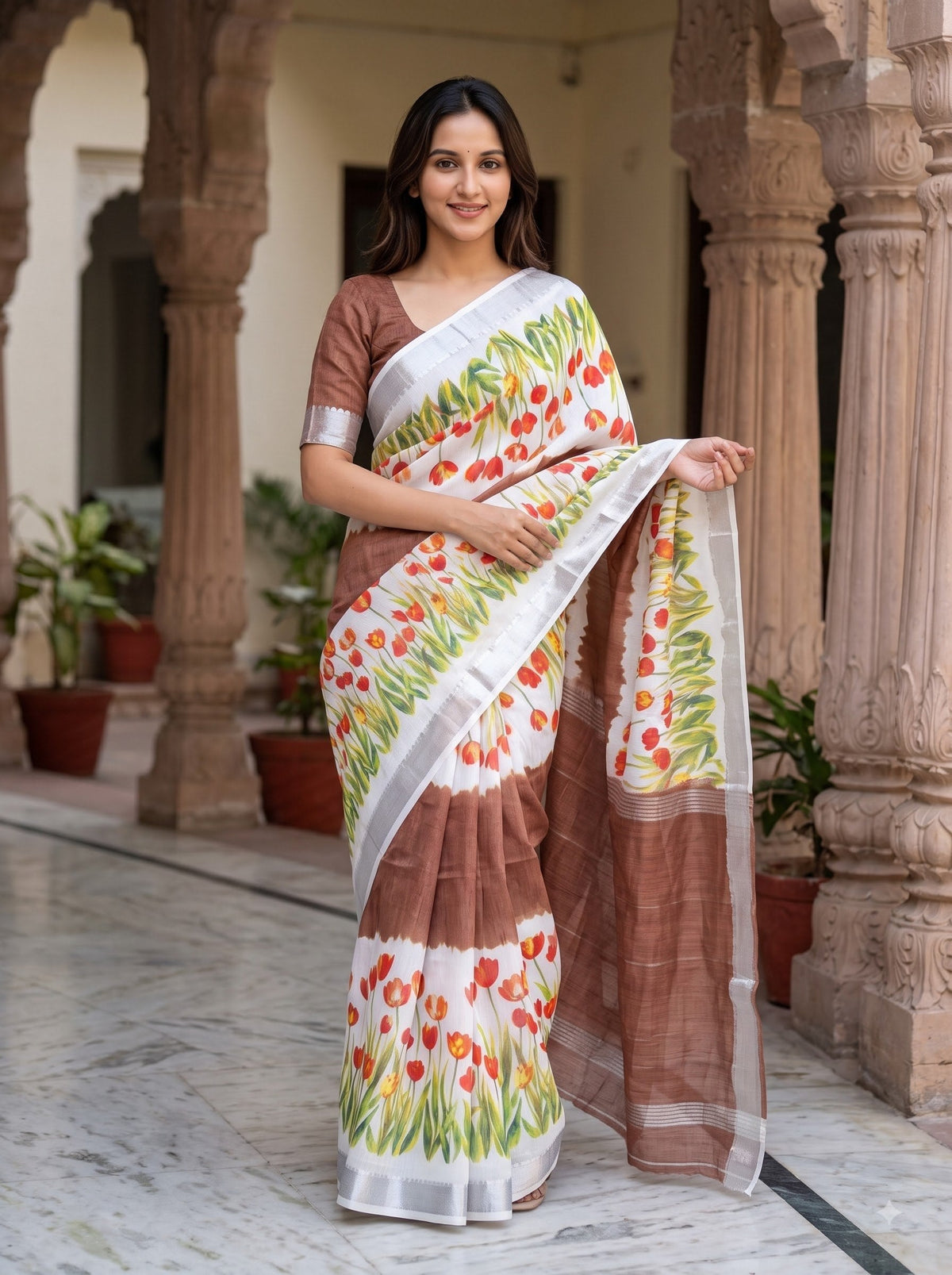 Brown Linen Tulip Print Saree