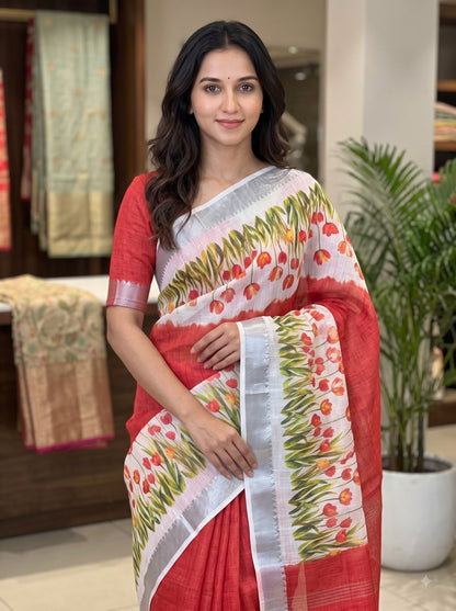 Red Linen Tulip Print Saree